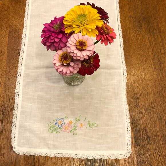 Vintage Table Runner Hand Embroidered Pink and Blue Flowers Crochet Edge 40"x12” - Picture 10 of 10